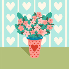 Illustration of vase with flowers. Bright blooming flowers in vase. Design element for greeting card, invitation, print, sticker. Illustration for birthday, mother's day, valentine's and woman's day.