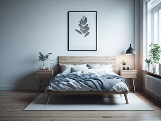 Scandinavian style bedroom mockup. ai generative