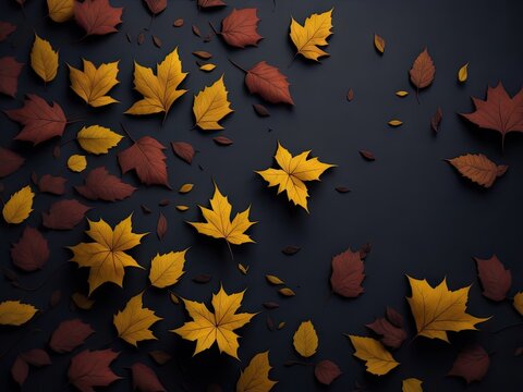 Autumn black background with falling leaves. ai generative