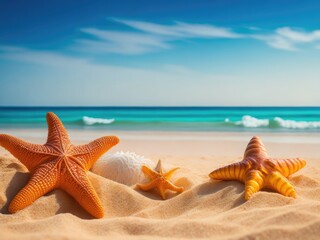 Fototapeta na wymiar Tropical beach with sea star and seashells. ai generative