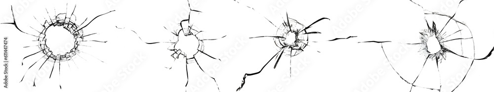 Poster set of textures with cracks of broken glass. holes in the window for design on a white background.