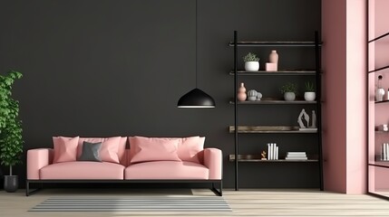 Interior with pink sofa and ladder shelf in the modern living room and black mockup wall