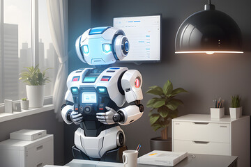 Cute robot businessman is working in the office. Concept idea of ​​a bot assistant, business helper in everyday life. Ai generated illustration.