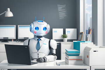 Cute robot businessman is working in the office. Concept idea of ​​a bot assistant, business helper in everyday life. Ai generated illustration.