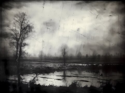 Metal grunge sheeting texture, rough-edged. 1900s, pulled, scratched. Film, dark palette. Creepy, mystic and dark. Generative Ai.