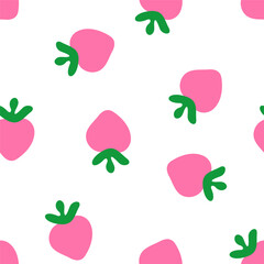 Strawberry doodle seamless pattern. Simple hand drawn berries, cute childish print. Vector illustration isolated on white background