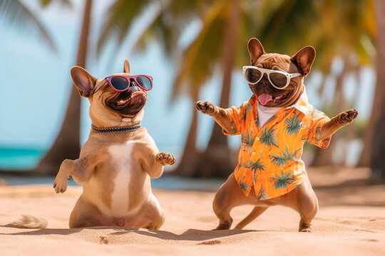 funny french bulldogs in bright clothes and sunglasses dance on their hind legs on the beach by the sea. AI generated
