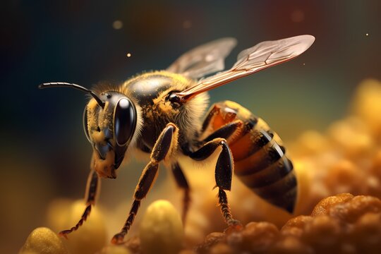 Captivating close-up of a vibrant bee, showcasing its intricate details and vivid colors. Generative Ai.