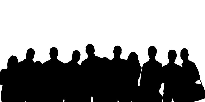 Vector silhouettes of men and a women, a group of standing and walking business people, black color isolated on white background