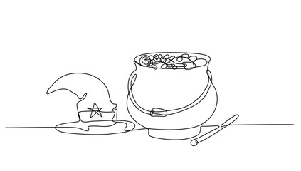Continuous lineart cauldron and hat witch for Happy Halloween day celebration vector illustration