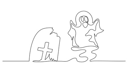 Continuous lineart landing page ghost for Happy Halloween day celebration vector illustration