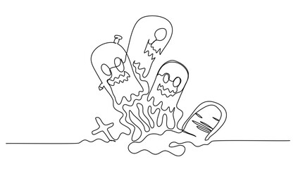 Continuous lineart landing page ghost for Happy Halloween day celebration vector illustration
