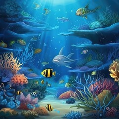 underwater illustration and life. beauty of sea life. fish, algae and coral reefs are beautiful and colorful Generative AI