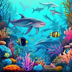underwater illustration and life. beauty of sea life. fish, algae and coral reefs are beautiful and colorful Generative AI