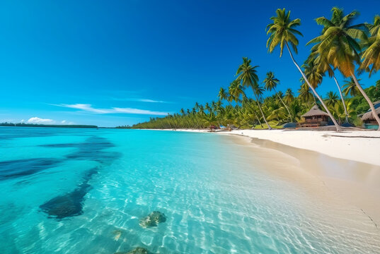Tropical paradise beach with white sand and crystal clear blue water. Beautiful natural summer vacation holidays background. Travel tourism wide panorama background concept. digital ai art