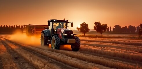 Fototapeta premium Sunset in the countryside. Tractor on a large field, creating beds to sow seeds into purified soil. The agricultural vehicle. Generative Ai.