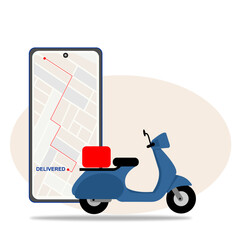 Restaurant food delivery scooter with phone and map