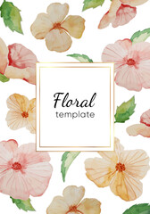 Watercolor pink Violet flowers and leaves cover