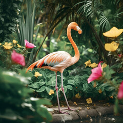 Fototapeta premium Pink flamingo in garden with tropical flowers 