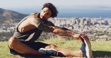 Man, runner and stretching legs in nature with smartphone and earphones, listening to music or podcast for motivation. Male athlete outdoor, warm up for run and cardio workout with radio streaming
