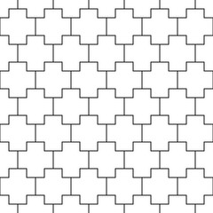 Repeated white figures on black background. Patches wallpaper. Seamless surface pattern design with polygons. Mosaic motif. Digital paper for page fills, web designing, textile print. Vector art.