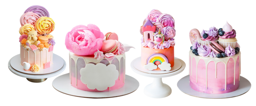 Various pink cakes isolated on white background. Cakes with teddy bear, edible flowers, unicorn, marshmallow, meringues and macarons