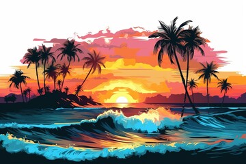 Plakat drawing of a beach with the sea and palm trees at sunset. Generated by AI.
