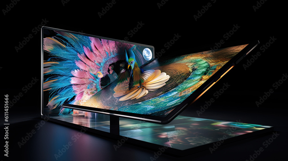 Poster concept of large flexible tv screen or professional led monitor for digital graphics generative ai