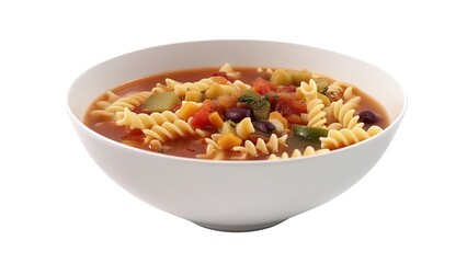 A bowl of minestrone soup with pasta and vegetables on White Background with copy space for your text created with generative AI technology
