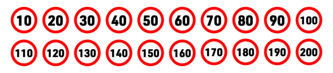 10 to 200 kmh or mph car speed limit sign set. maximum speed roadway signboard. - obrazy, fototapety, plakaty