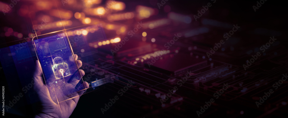 Poster Cyber security network. Data protection concept. Businessman using smartphonr with digital padlock on internet technology networking with cloud computing and data encryption.