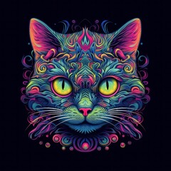 Obraz premium Cat's head in vibrant, deep colors on black background. Generative AI