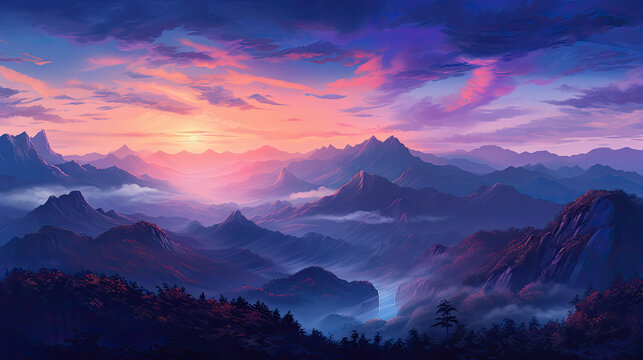 Majestic Mountain View - Digital Illustration of a Dreamlike and peaceful mountain background - Generative AI © Ian