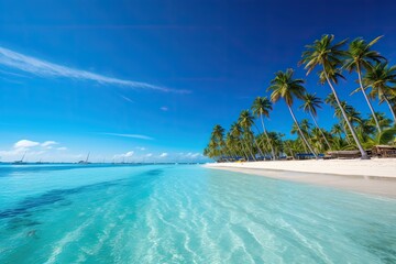 Fototapeta na wymiar Summer landscape, palm trees and blue calm sea. Generative AI