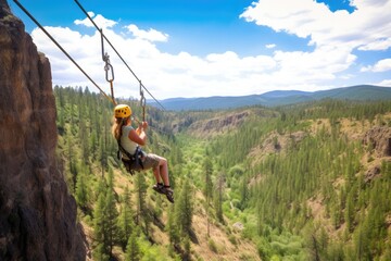 A team of climbers at the top of a high mountain in the light of the setting sun.