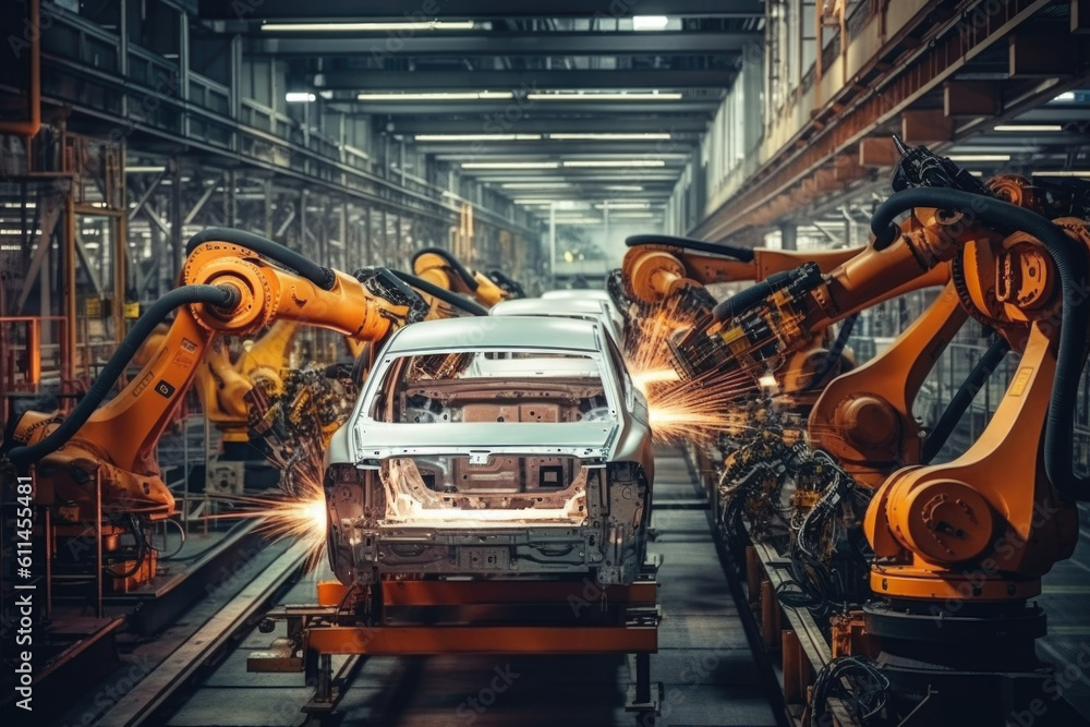 Poster car factory with robotic arms at assembly line. automated vehicle conveyor welding car frames. creat