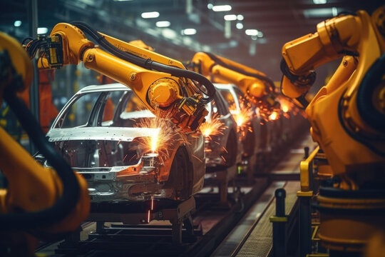 Car factory with robotic arms at assembly line. Automated vehicle conveyor welding car frames. Created with Generative AI