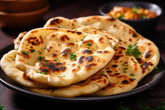 Indian naan bread in plate. Flatbread with parsley and spices. Indian cuisine. Created with Generative AI