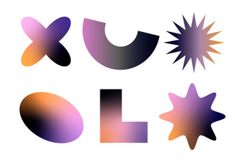 Brutalist abstract geometric gradient shapes with grain texture. Set of geometric shaped vectors. Contemporary design. collection of Y2k elements. geometric gradient brutalism vector set. 