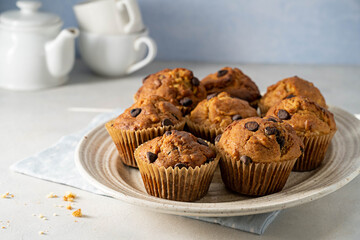 Chocolate chip muffins in a plate, home made pastry dessert, copy space