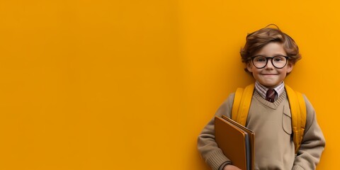 little boy smiling on a yellow background, school, back to school, education