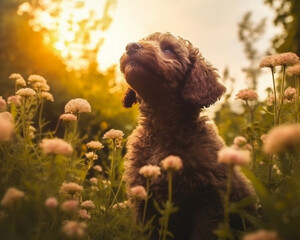 spanish water dog puppy in a blooming garden field of flowers in summer - Generative AI