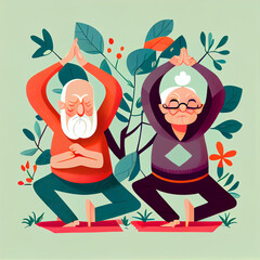 Senior couple is doing fitness training. Doing yoga together. Healthy lifestyle concept. Generative AI