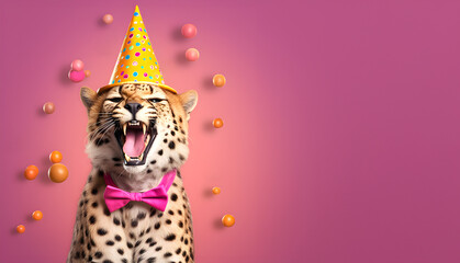 Creative animal concept. Cheetah in party cone hat necklace bowtie outfit isolated on solid pastel background advertisement, copy text space. birthday party invite invitation 