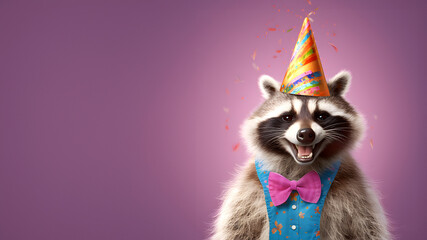 Creative animal concept. Raccoon in party cone hat necklace bowtie outfit isolated on solid pastel background advertisement, copy text space. birthday party invite invitation 	