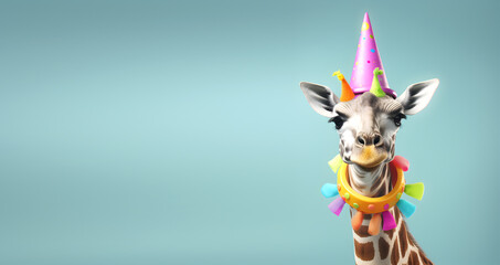 Creative animal concept. Giraffe in party cone hat necklace bowtie outfit isolated on solid pastel background advertisement, copy text space. birthday party invite invitation 