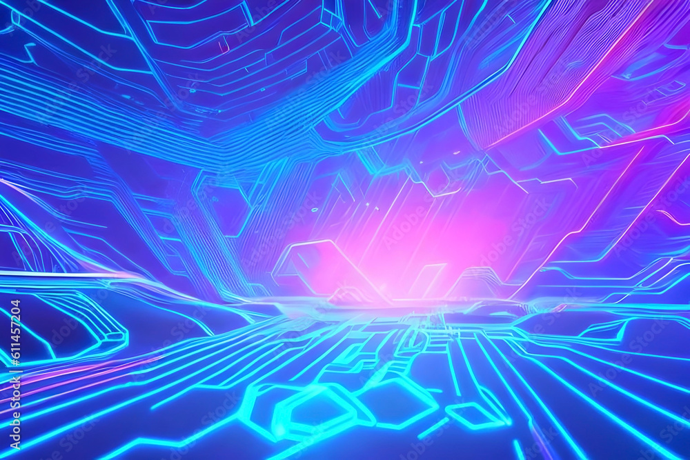 Poster abstract background with intricate holographic displays, glowing circuits, and floating geometric el