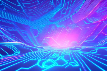 abstract background with intricate holographic displays, glowing circuits, and floating geometric elements