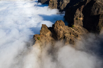 Aerial panoramic above the clouds at the beautiful Caldera de Taburiente National Park in La Palma - Canary Islands	