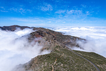 Aerial panoramic above the clouds at the beautiful Caldera de Taburiente National Park in La Palma - Canary Islands	